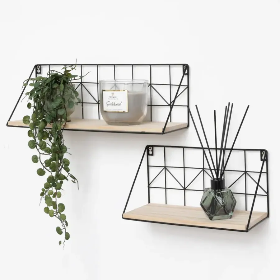 Wandrekken-IVOL Set van 2 zwarte metalen wandrekjes met houten plankje - 30 en 45 cm