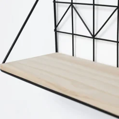 Wandrekken-IVOL Set van 2 zwarte metalen wandrekjes met houten plankje - 30 en 45 cm