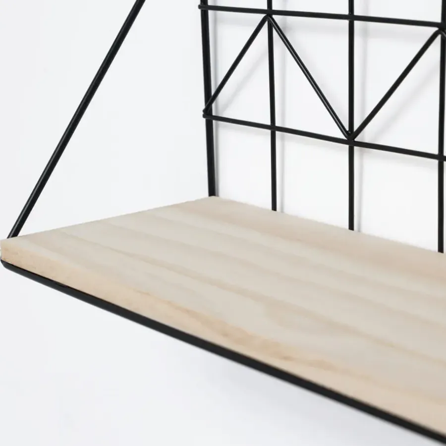 Wandrekken-IVOL Set van 2 zwarte metalen wandrekjes met houten plankje - 30 en 45 cm