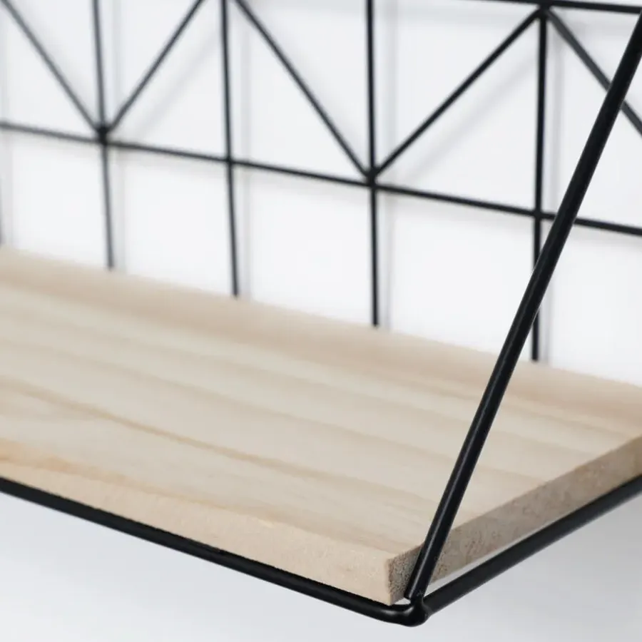 Wandrekken-IVOL Set van 2 zwarte metalen wandrekjes met houten plankje - 30 en 45 cm