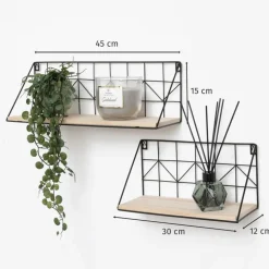 Wandrekken-IVOL Set van 2 zwarte metalen wandrekjes met houten plankje - 30 en 45 cm