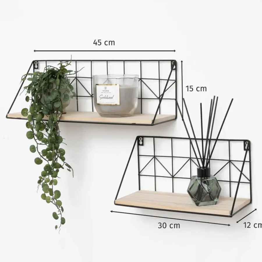 Wandrekken-IVOL Set van 2 zwarte metalen wandrekjes met houten plankje - 30 en 45 cm