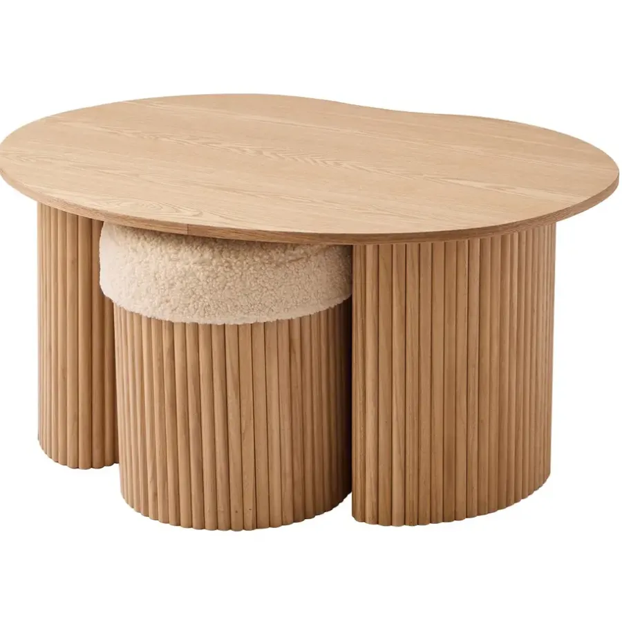 Nordlys Set van een houten salontafel en 2 witte poefs