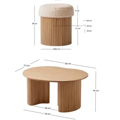 Nordlys Set van een houten salontafel en 2 witte poefs