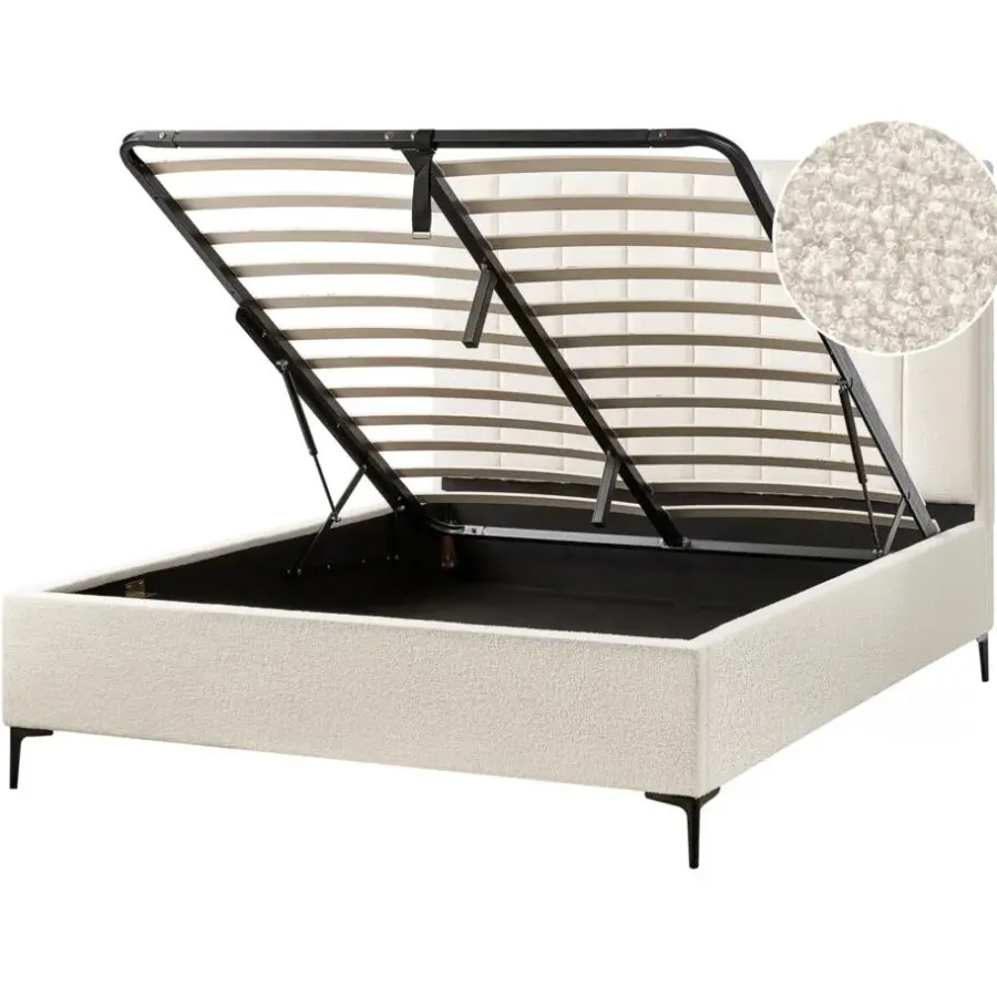 2-Persoons Bedden-Beliani SEZANNE - Bed met opbergruimte - Gebroken wit - 160 x 200 cm - Bouclé