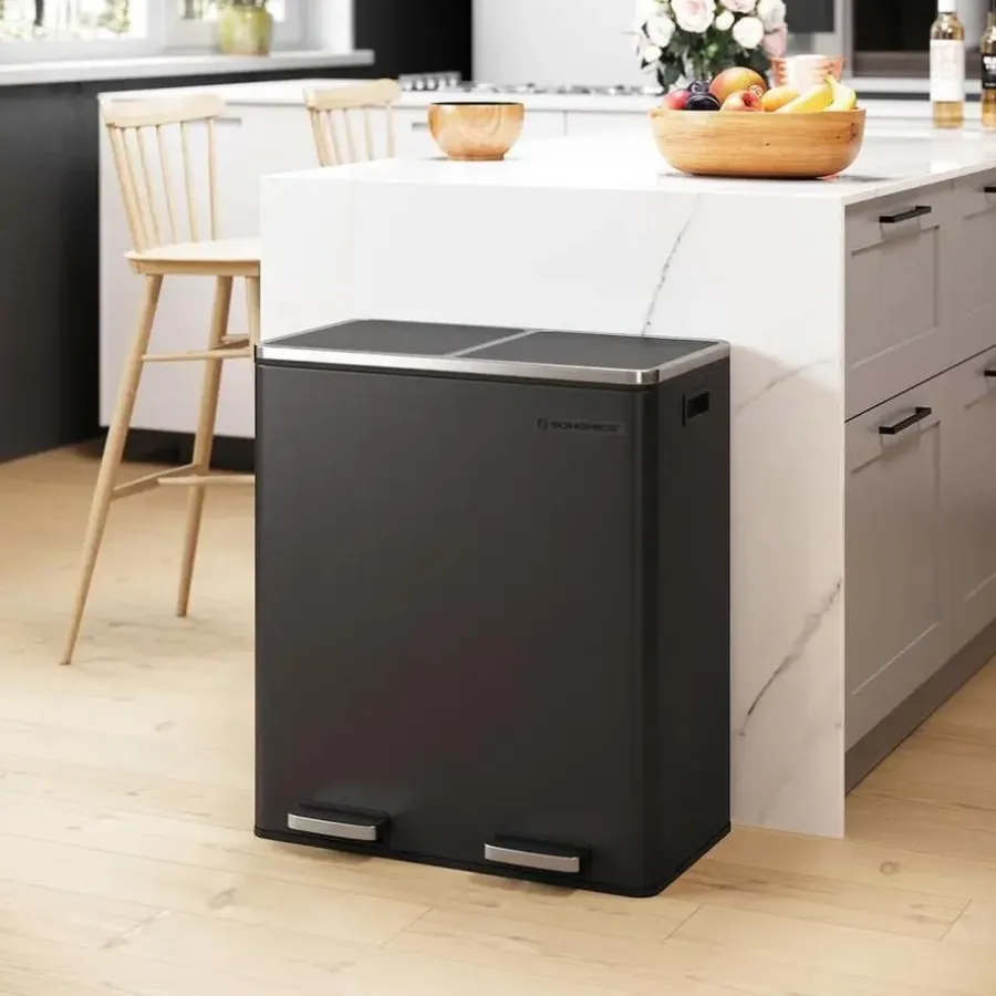 Prullenbakken-Parya Songmics Prullenbak Met 2 Compartimenten - 2 x 30 L - Met Zwart
