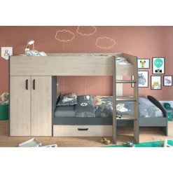 Kinderbedden-Parisot Stapelbed Stim met kast & lade - eik/grijs