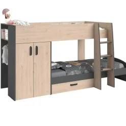 Kinderbedden-Parisot Stapelbed Stim met kast & lade - eik/grijs