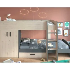 Kinderbedden-Parisot Stapelbed Stim met kast & lade - eik/grijs