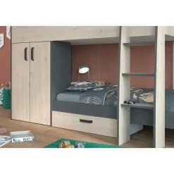 Kinderbedden-Parisot Stapelbed Stim met kast & lade - eik/grijs