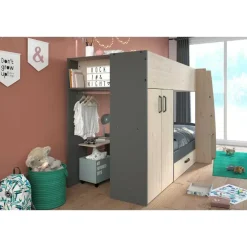 Kinderbedden-Parisot Stapelbed Stim met kast & lade - eik/grijs