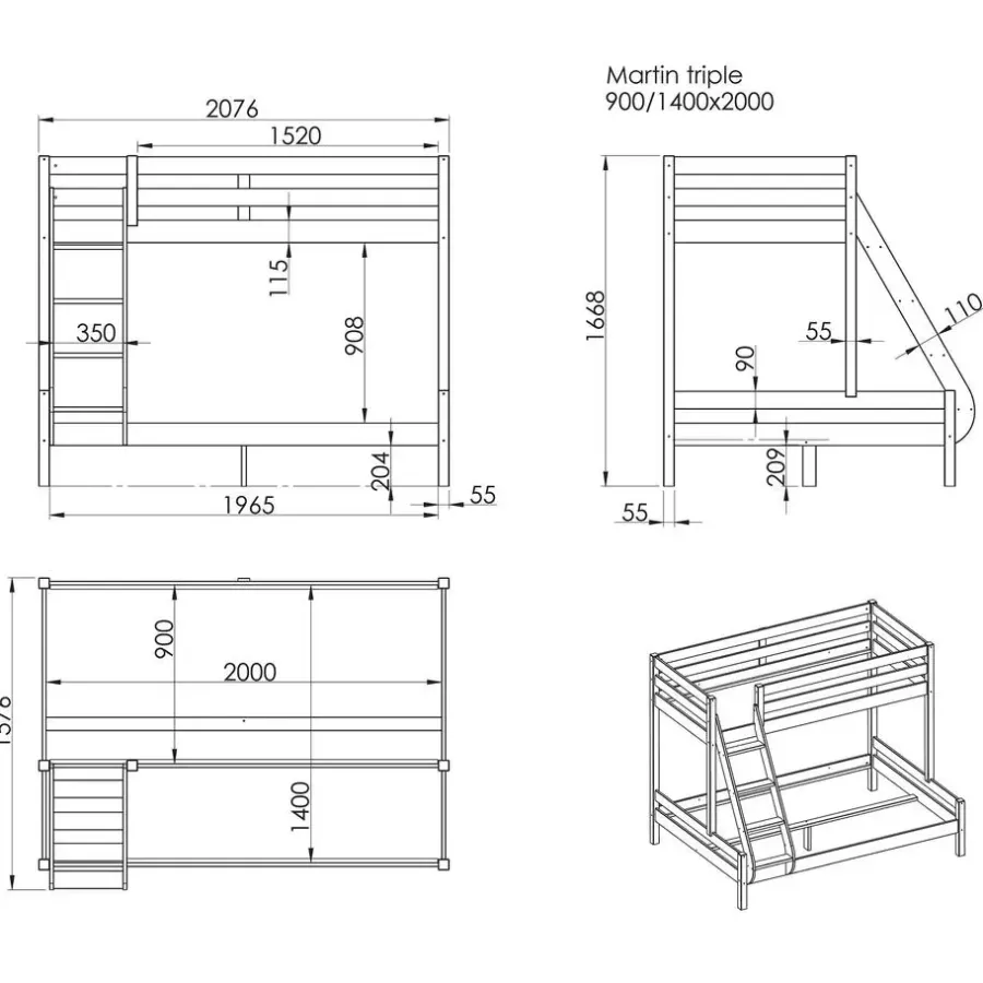 Vipack Stapelbed Triple 3-persoons hout - grijs