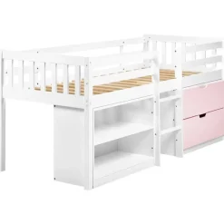 1-Persoons Bedden-Beliani SUSVILLE - Kinderbed - Wit/Roze - 90 x 200 cm - Rubberhout
