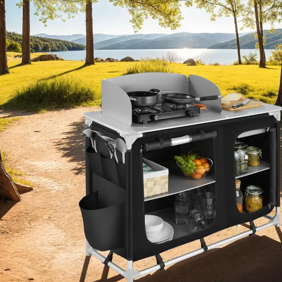 Barbecues En Accessoires-tectake - Campingkeuken 116x52x107cm, Zwart