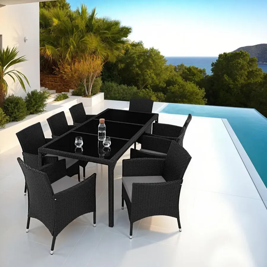 Tuinsets-tectake - tuinset 8 stoelen en tafel - wicker - zwart / grijs