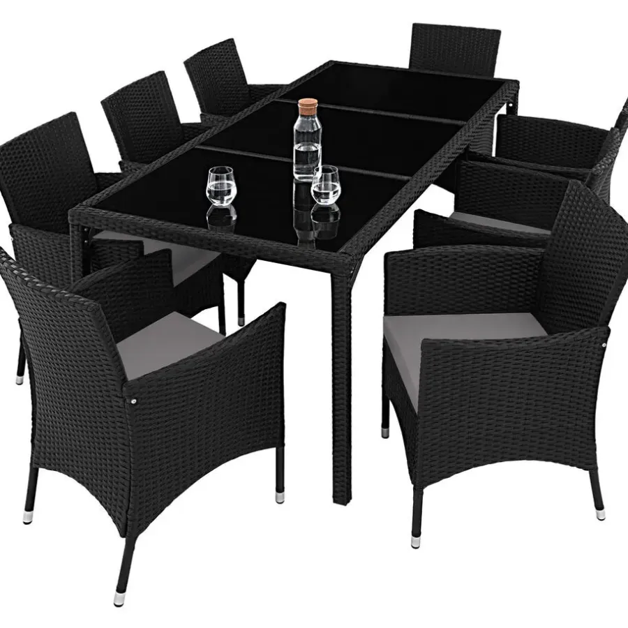 Tuinsets-tectake - tuinset 8 stoelen en tafel - wicker - zwart / grijs