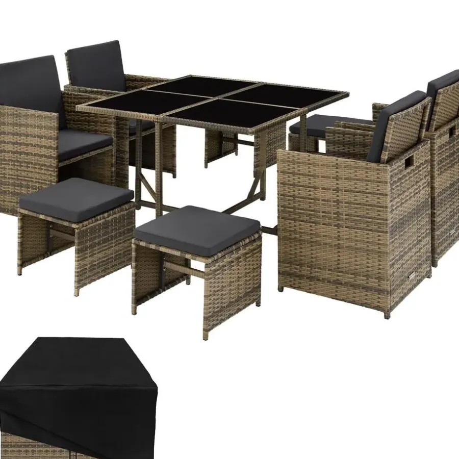 Tuinsets-tectake - tuinset Bilbao - wicker met beschermhoes - natuurkleur