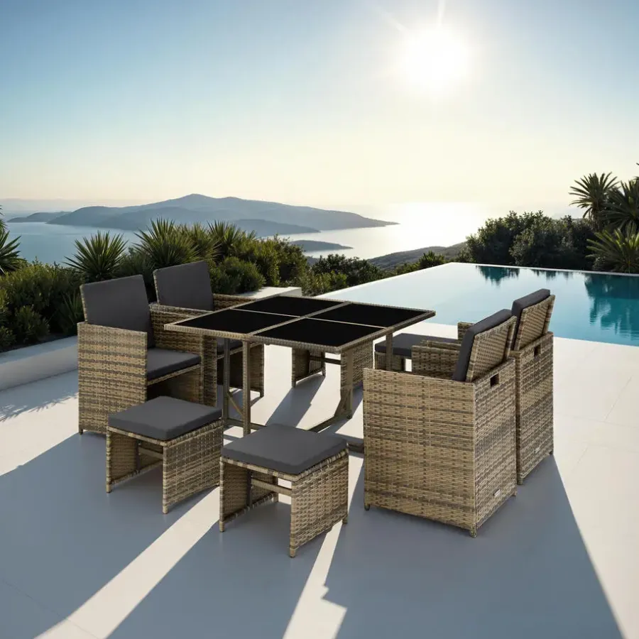 Tuinsets-tectake - tuinset Bilbao - wicker met beschermhoes - natuurkleur