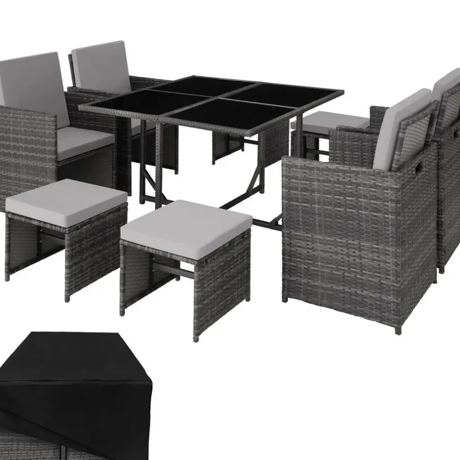 Tuinsets-tectake - tuinset Bilbao - wicker - incl. beschermhoes - grijs