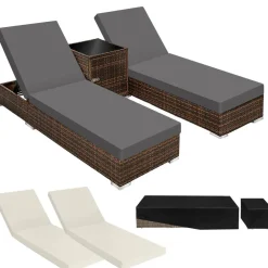 Ligbedden-tectake 2 wicker ligbedden met aluminium frame en tafel, inclusief beschermhoes