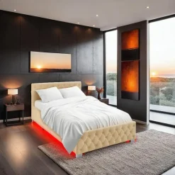 tectake Gestoffeerd bed met LED & opbergruimte, 140 x 200 cm, Beige