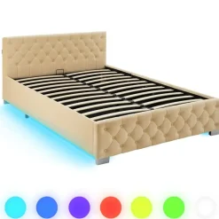 tectake Gestoffeerd bed met LED & opbergruimte, 140 x 200 cm, Beige