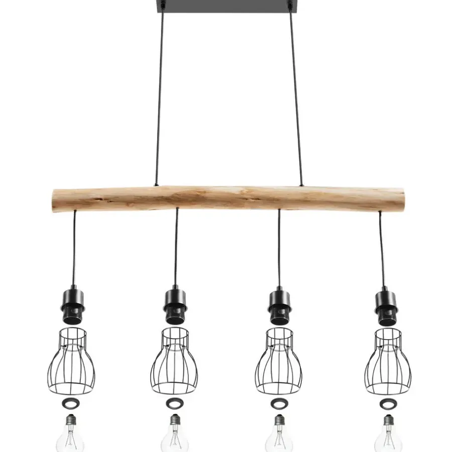 tectake Hanglamp Woody, 4-lichts, met houten balk, 40 W, Zwart/bruin