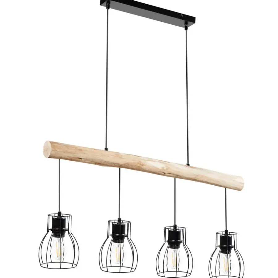 tectake Hanglamp Woody, 4-lichts, met houten balk, 40 W, Zwart/bruin