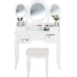 Kaptafels-tectake Makeup-tafel met 7 lades, spiegel en hocker in antieke look, Wit