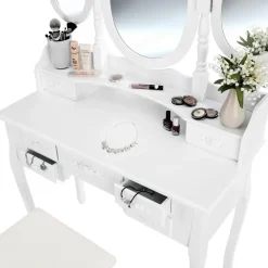 Kaptafels-tectake Makeup-tafel met 7 lades, spiegel en hocker in antieke look, Wit