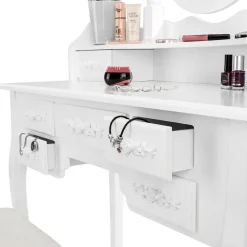 Kaptafels-tectake Makeup-tafel met 7 lades, spiegel en hocker in antieke look, Wit