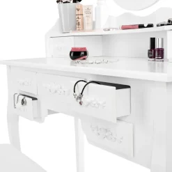 Kaptafels-tectake Makeup-tafel met 7 lades, spiegel en hocker in antieke look, Wit