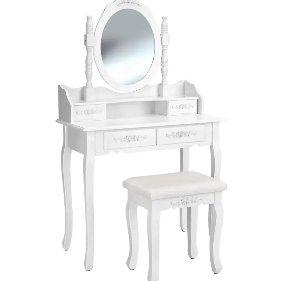 Kaptafels-tectake Makeup-tafel met spiegel en hocker in antieke look, Wit