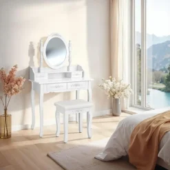 Kaptafels-tectake Makeup-tafel met spiegel en hocker in antieke look, Wit