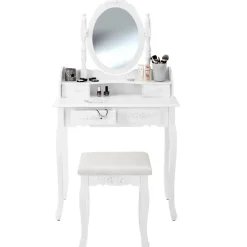 Kaptafels-tectake Makeup-tafel met spiegel en hocker in antieke look, Wit
