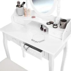 Kaptafels-tectake Makeup-tafel met spiegel en hocker in antieke look, Wit