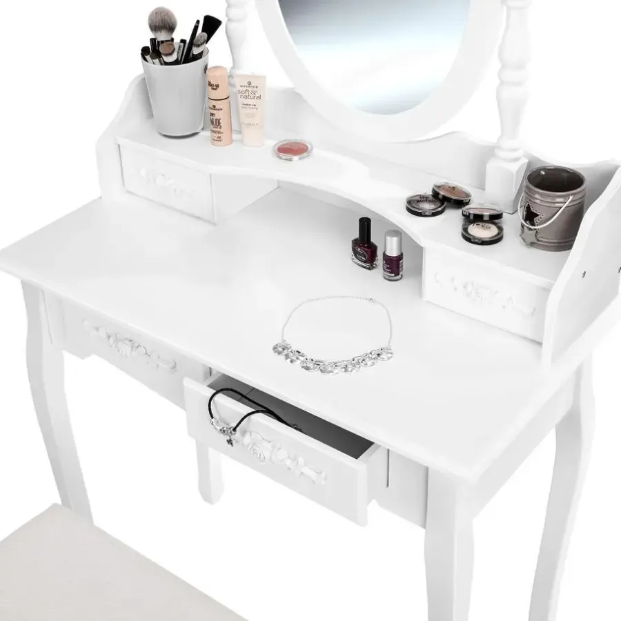 Kaptafels-tectake Makeup-tafel met spiegel en hocker in antieke look, Wit