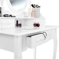 Kaptafels-tectake Makeup-tafel met spiegel en hocker in antieke look, Wit