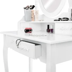 Kaptafels-tectake Makeup-tafel met spiegel en hocker in antieke look, Wit