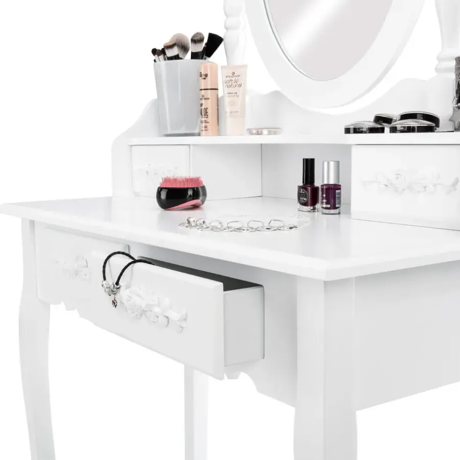 Kaptafels-tectake Makeup-tafel met spiegel en hocker in antieke look, Wit