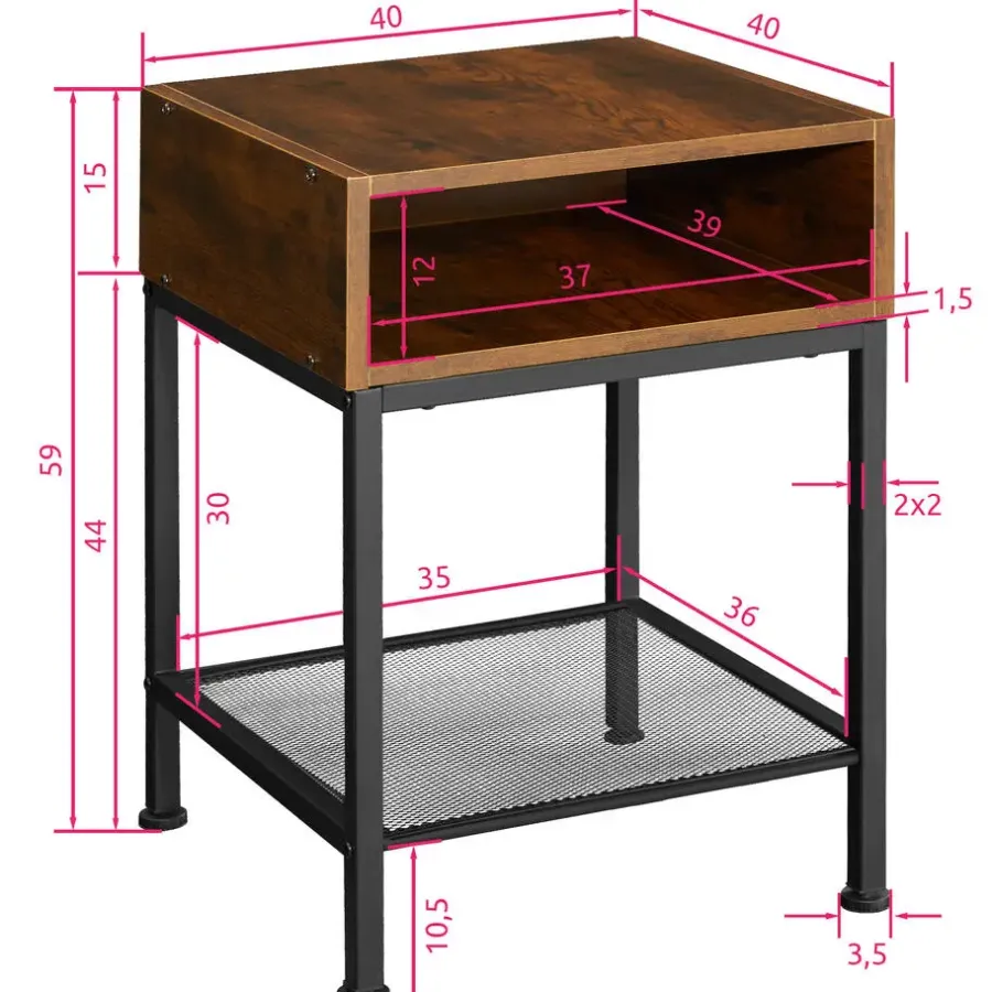 Nachtkastjes|Nachtkastjes-tectake Nachtkastje Harlow 40,5x40,5x52,5cm, Industrieel Hout Donker, Rustiek