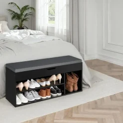 Schoenenkasten-tectake Schoenenkast Natalya met zitkussen 104x30x49cm, Zwart