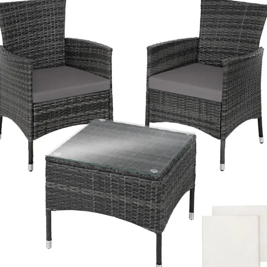 tectake Wicker bistroset Luzern 2+1 met kussenhoezen in 2 kleuren - Grijs