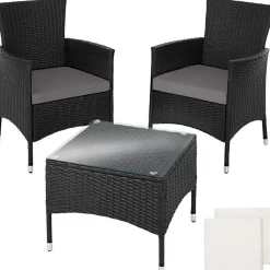 Bistro- & Balkonsets-tectake Wicker bistroset Luzern 2+1 met kussenhoezen in 2 kleuren - Zwart
