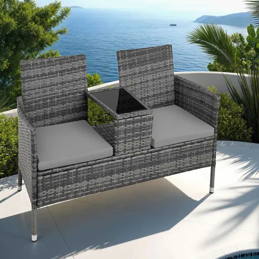 tectake Wicker tuinbank met tafel, Grijs/lichtgrijs