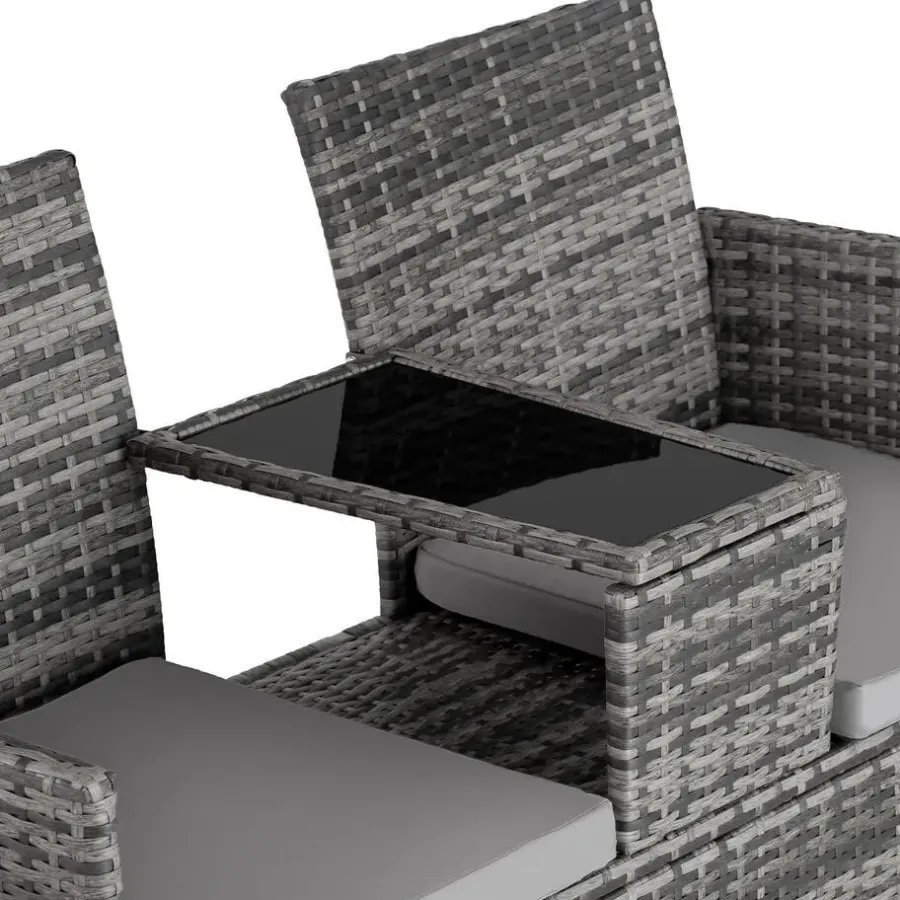 tectake Wicker tuinbank met tafel, Grijs/lichtgrijs