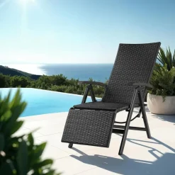 Tuinstoelen-tectake Wicker tuinstoel opklapbaar met aluminium frame en voetsteun, Zwart