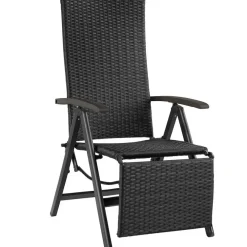 Tuinstoelen-tectake Wicker tuinstoel opklapbaar met aluminium frame en voetsteun, Zwart