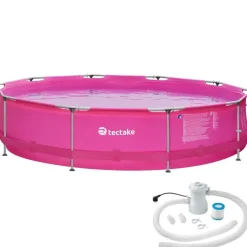 Zwembaden En Accessoires-tectake Zwembad rond met stalen frame en filterpomp Ø 360 x 76 cm, Pink