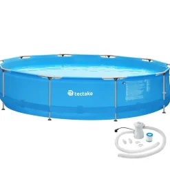 Zwembaden En Accessoires-tectake Zwembad rond met stalen frame en filterpomp Ø 360 x 76 cm, Blauw
